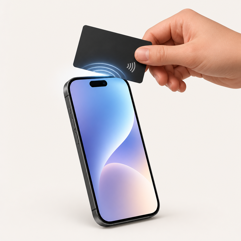 Hand tapping a Digicard against the top edge of an iPhone